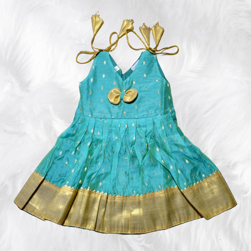 Lovely Turquoise Chanderi Cotton Shoulder Knot Frock for Toddlers