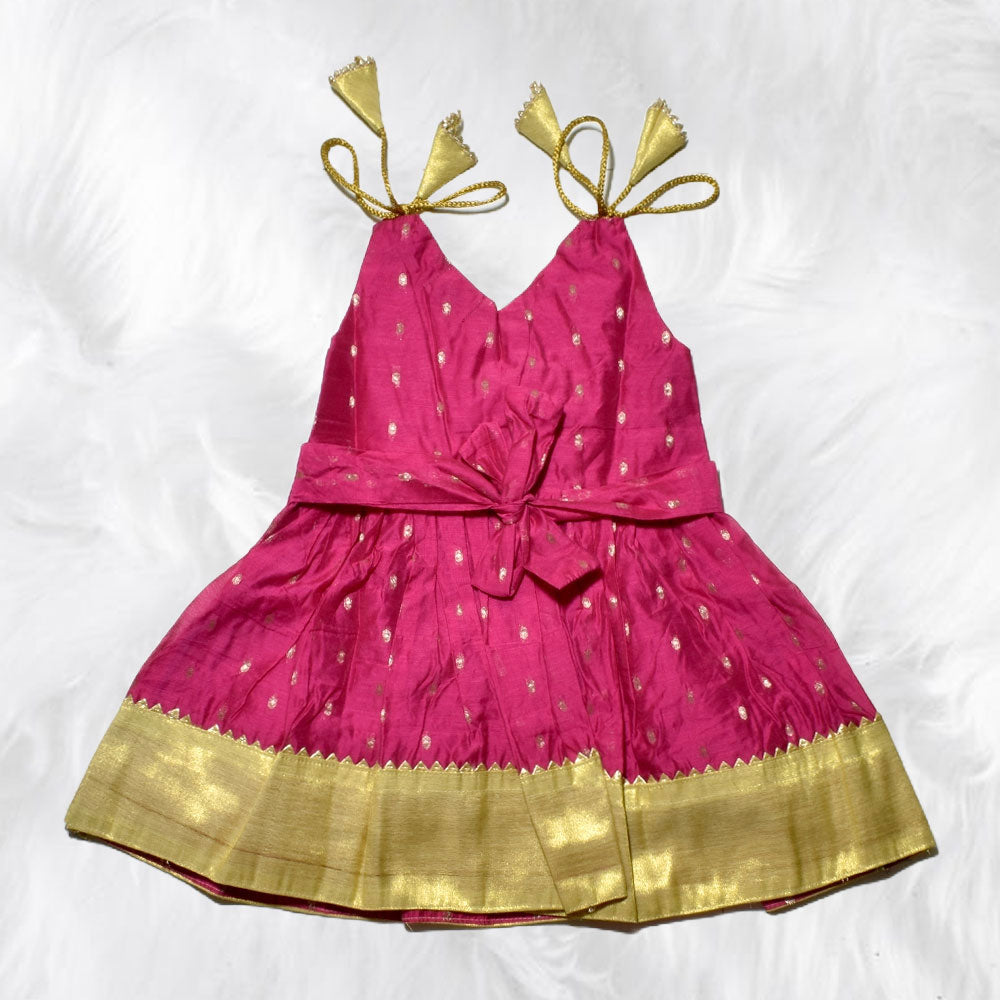 Adorable Chanderi Cotton Shoulder Knot Frock for Little Girls