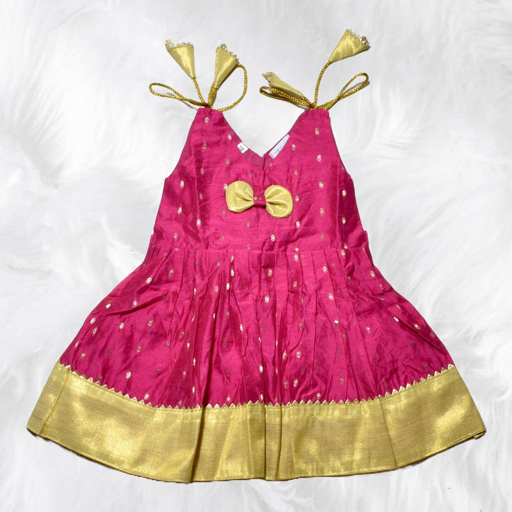 Adorable Chanderi Cotton Shoulder Knot Frock for Little Girls