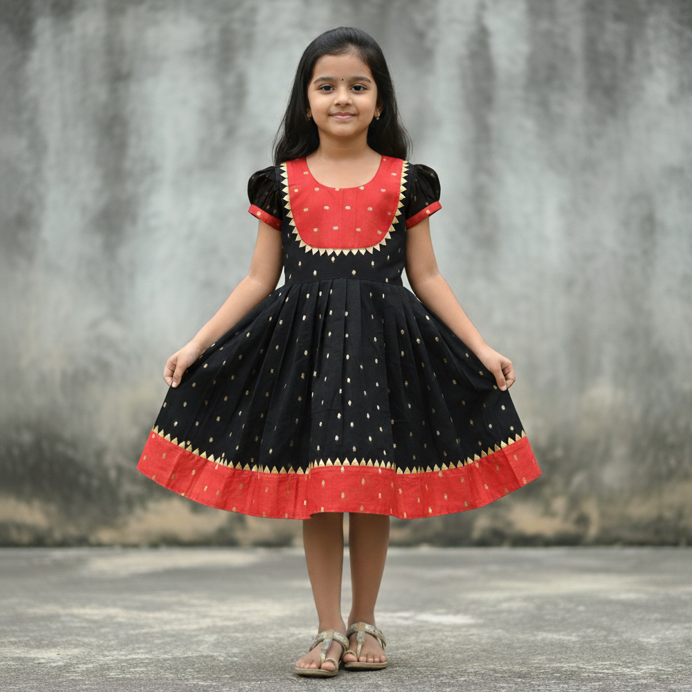 Scarlet Elegance: Chanderi Cotton Frock for Girls