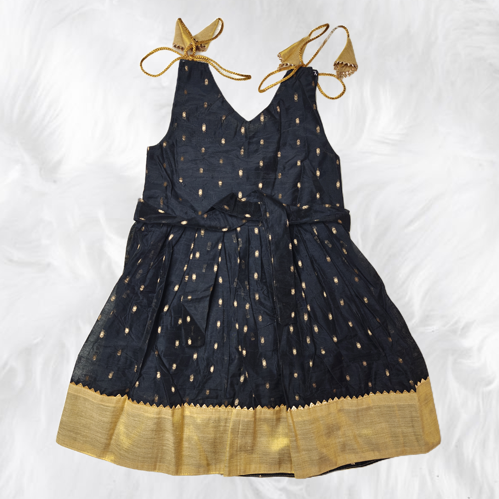 Stunning Black and Golden Chanderi Cotton Shoulder Knot Frock for Little Girls