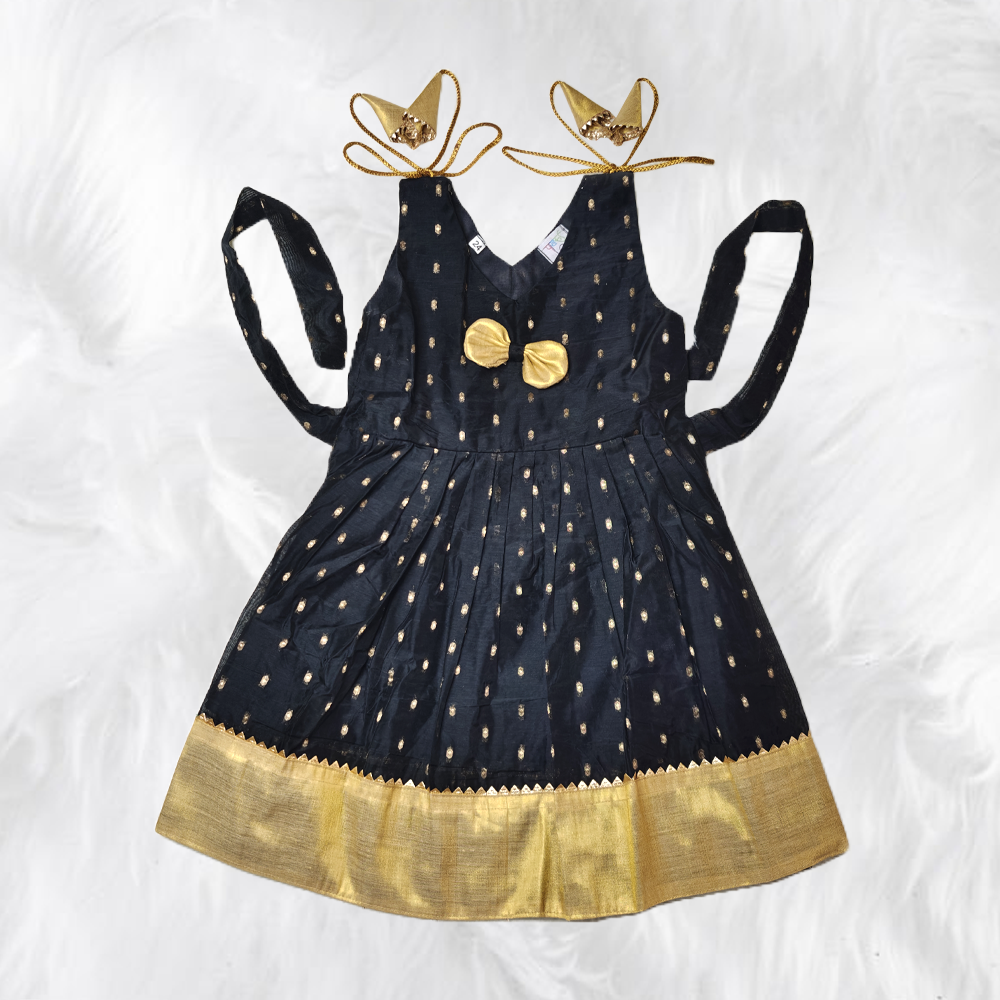 Stunning Black and Golden Chanderi Cotton Shoulder Knot Frock for Little Girls