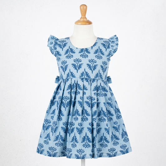 Blue Printed Cotton Frock for Girls with Ruffle Sleeves