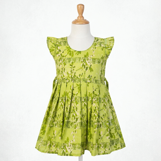 Green Printed Cotton Frock for Girls with Flared Design