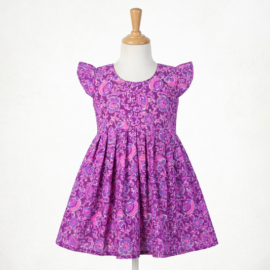 Purple Floral Cotton Frock for Girls with Flared Fit