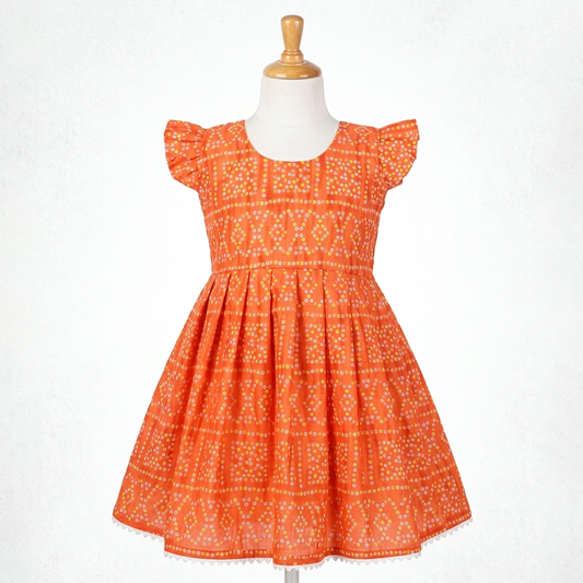 Orange Printed Cotton Frock for Girls with Flared Style