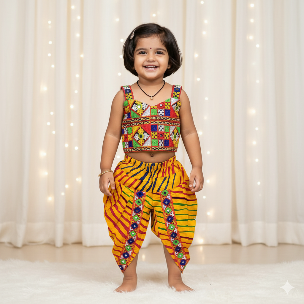 Yellow Navratri Dress – Dhoti Style Costume for Girls