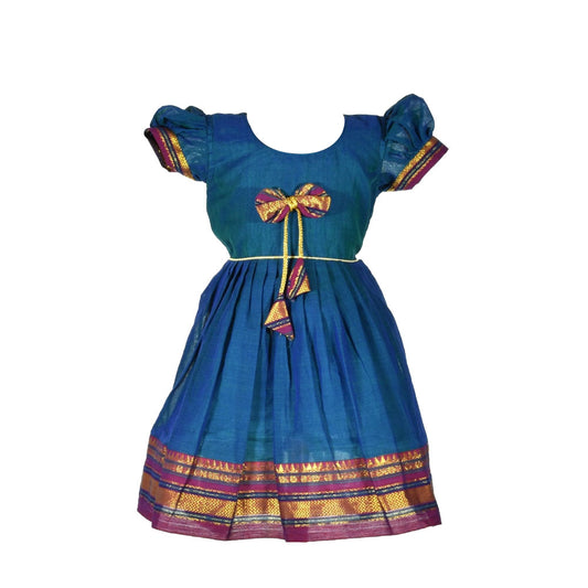 Elegant Blue Chanderi Cotton Frock - Bow Tie Style for Girls