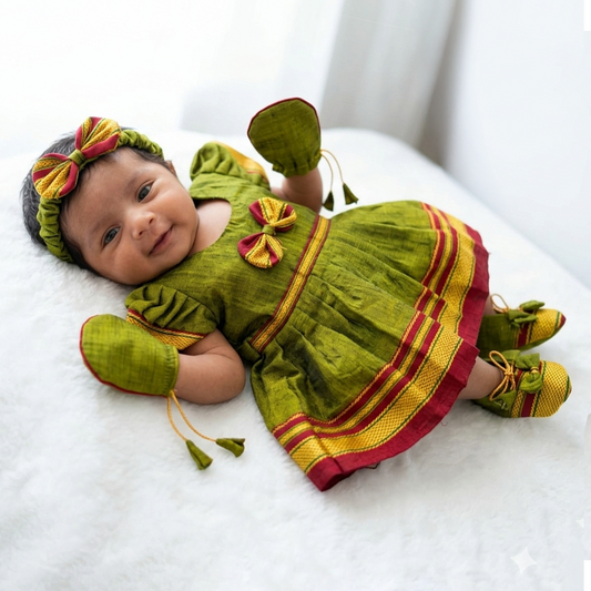 Traditional green Irkal newborn baby girl dress set with matching accessories for baby welcome and annaprashan ceremony