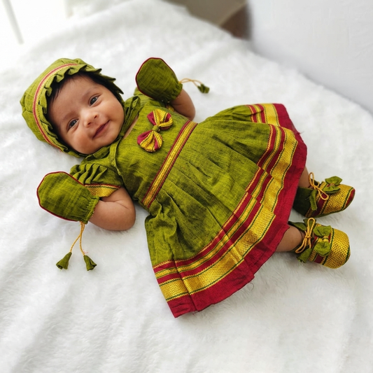 Marathi traditional green Irkal newborn set for baby girl ethnic festive wear collection