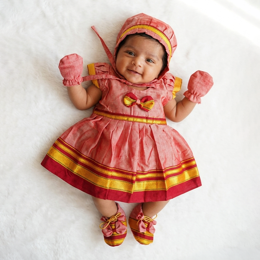 Traditional Irkal newborn baby girl dress set with matching accessories for baby welcome and annaprashan ceremony