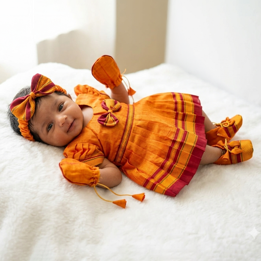 Orange Irkal newborn set for baby girl naming ceremony and festive photoshoot outfit