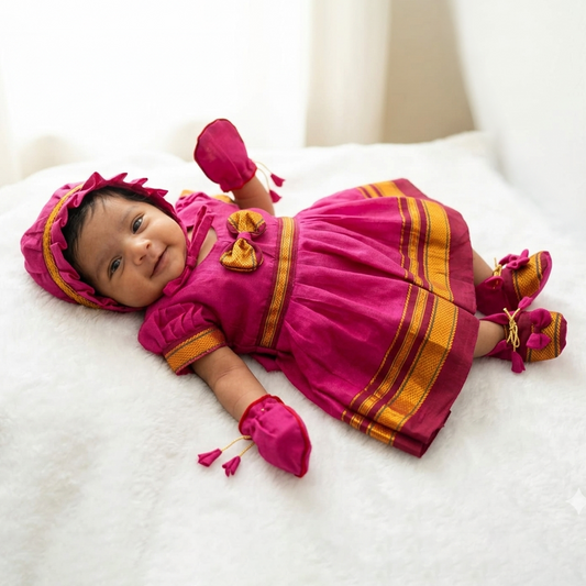 Newborn baby girl in pink Paithani frock set with traditional accessories on white fur background