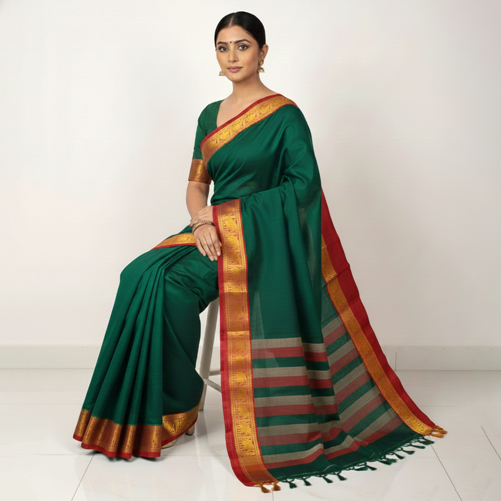 Narayanpeth Hathi Border Handloom Saree – Green