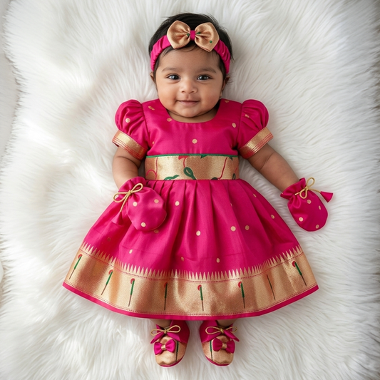 Newborn Baby Girl Dress Set Pink Munia Paithani (Frock Cap Hairband Mittens Booties)