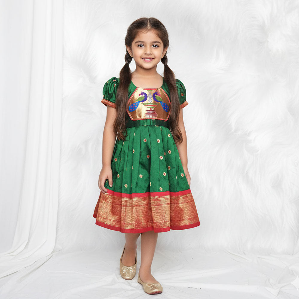 green paithani dress Green Paithani Frock for Baby Girls Ethnic Festive Attire – Pakharooo