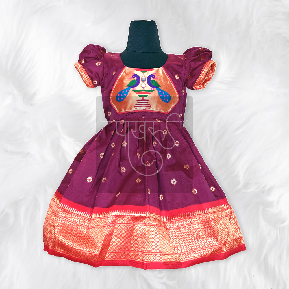 Maroon Paithani Frock for Baby Girls Elegant Traditional Outfit