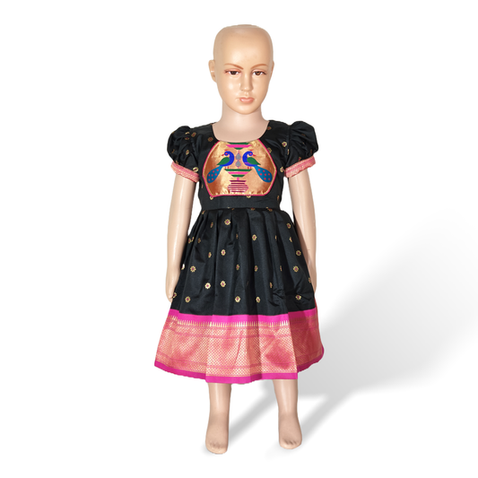 Stunning Black Paithani Frock for Baby Girl – Traditional Elegance