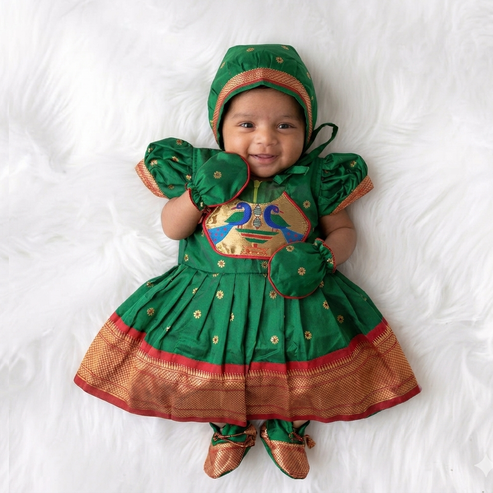Green Paithani Newborn Dress Combo Set – Pakharooo