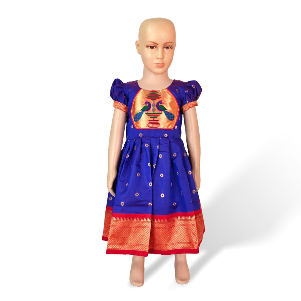 Blue Silk Paithani Frock for Baby Girl