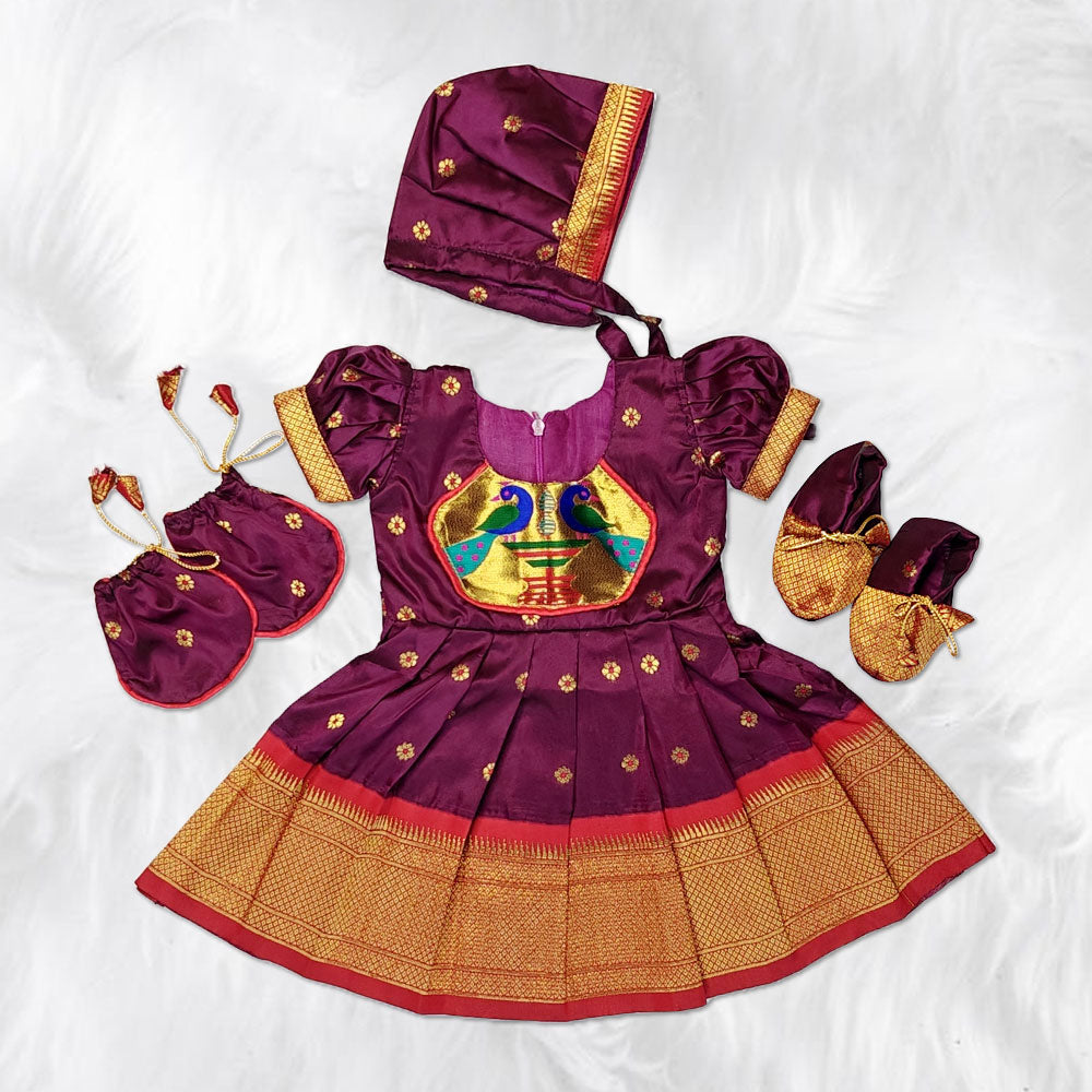 Adorable Baby Girl Frock with Cap Mittens and Shoes Set