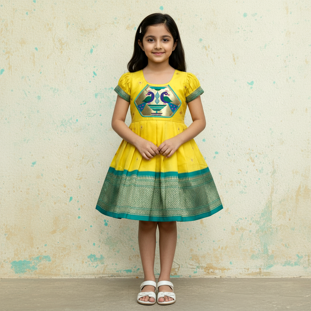 Yellow Paithani Frock for Baby Girls | Traditional Paithani Dress