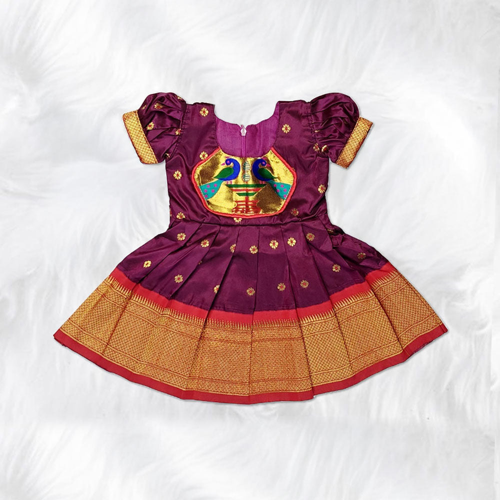 Maroon Paithani Frock for Baby Girls | Traditional Paithani Dress for Festivals