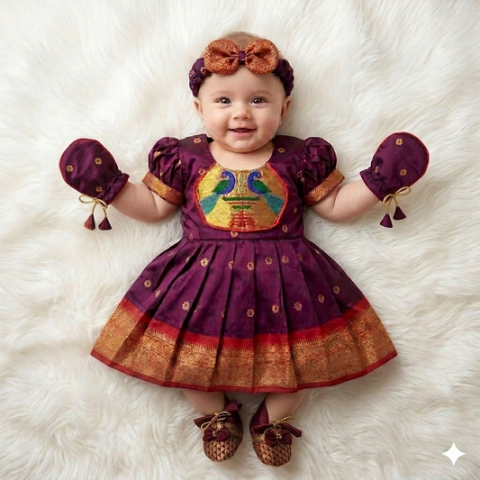 maroon paithani newborn baby hairband mittens booties