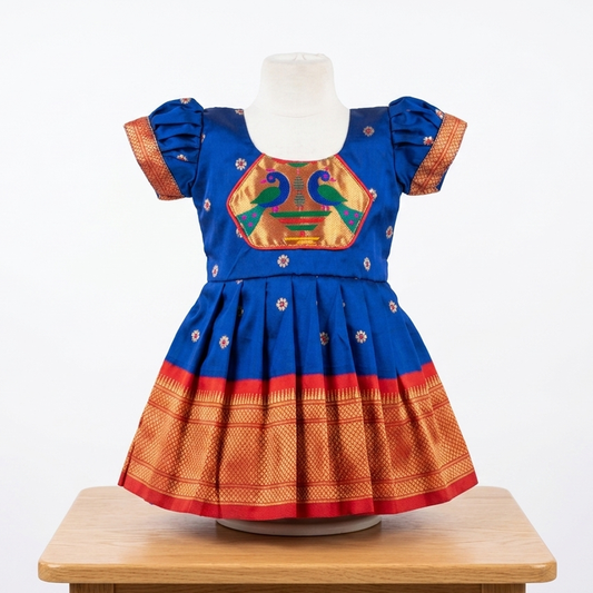 Royal blue Paithani frock for baby girls with peacock design and traditional Maharashtrian border