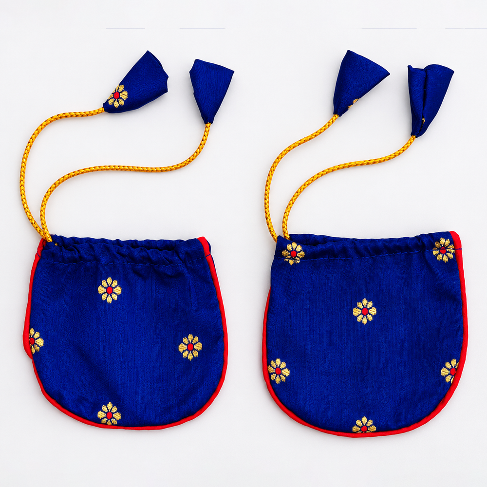 Royal blue Paithani newborn mittens with golden tassel strings and traditional floral weaving