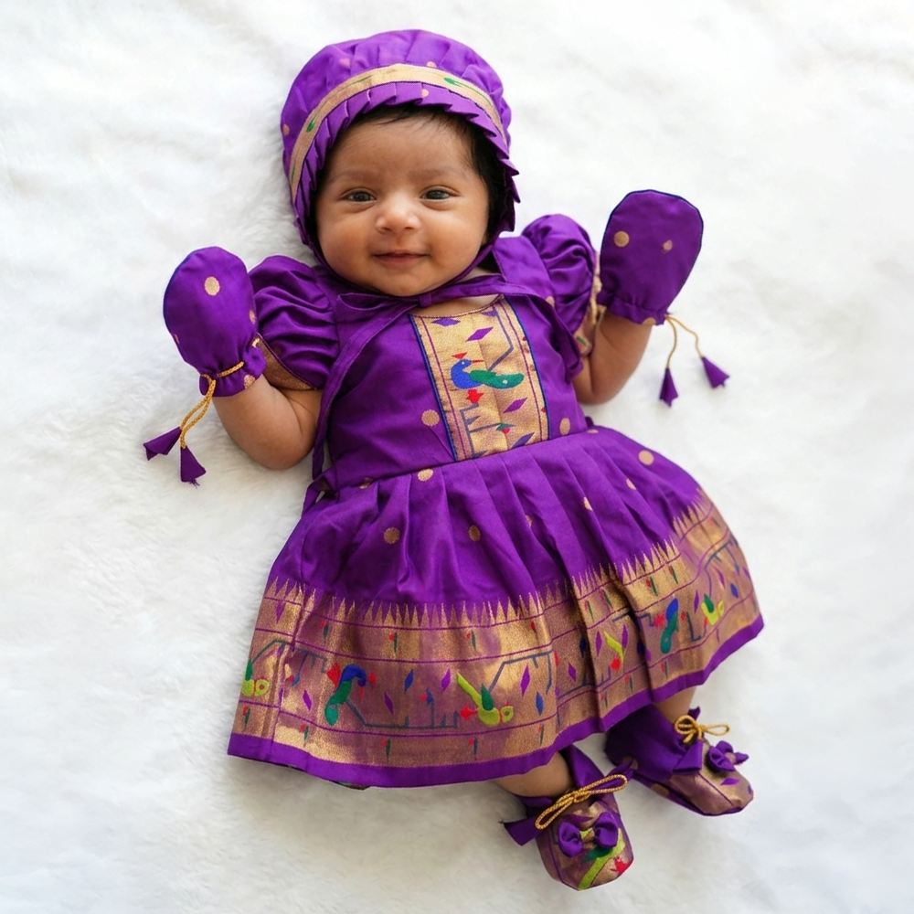 Purple Paithani frock for baby girls with peacock zari weaving and festive traditional look