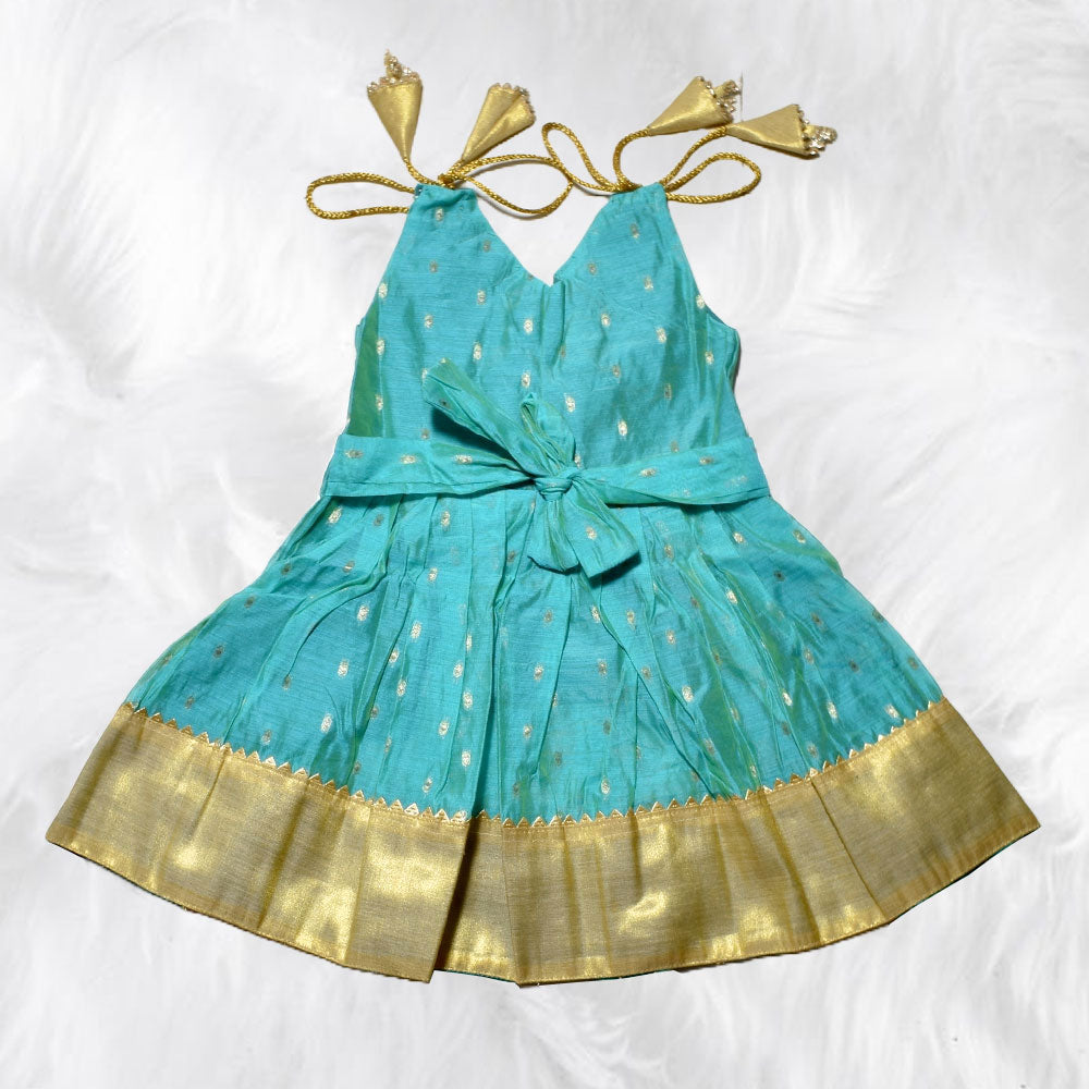 Lovely Turquoise Chanderi Cotton Shoulder Knot Frock for Toddlers