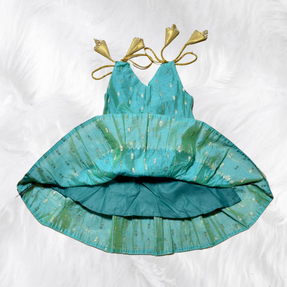 Lovely Turquoise Chanderi Cotton Shoulder Knot Frock for Toddlers