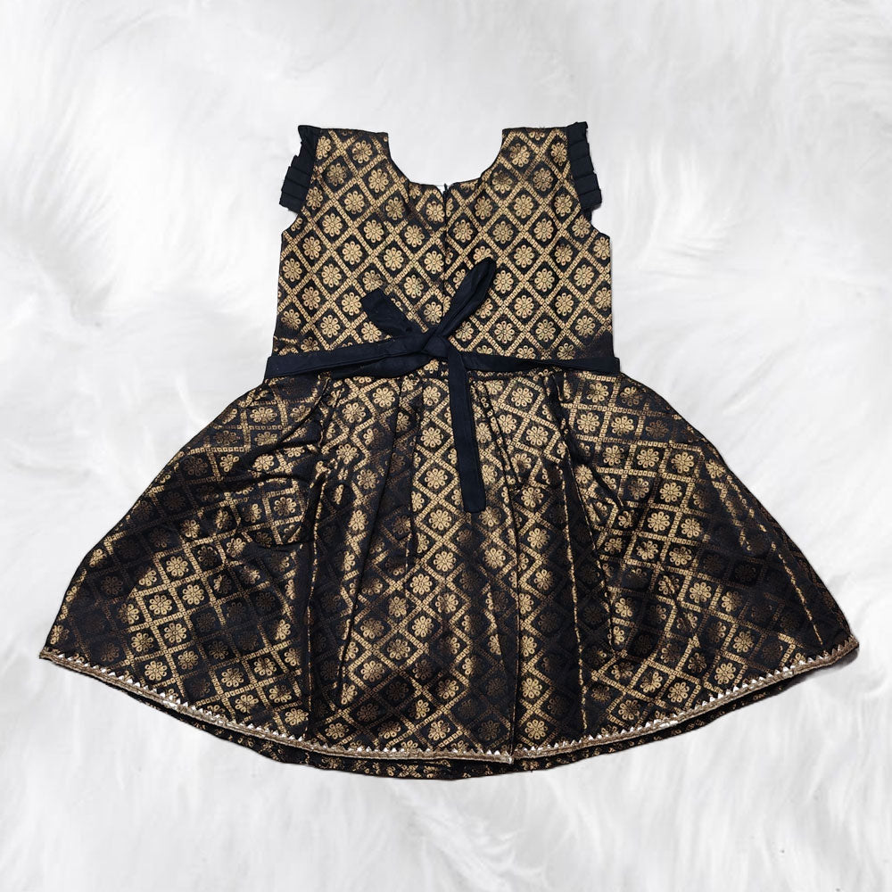 Stunning Black and Golden Fancy Brocade Sleeveless Frock for Little Girls