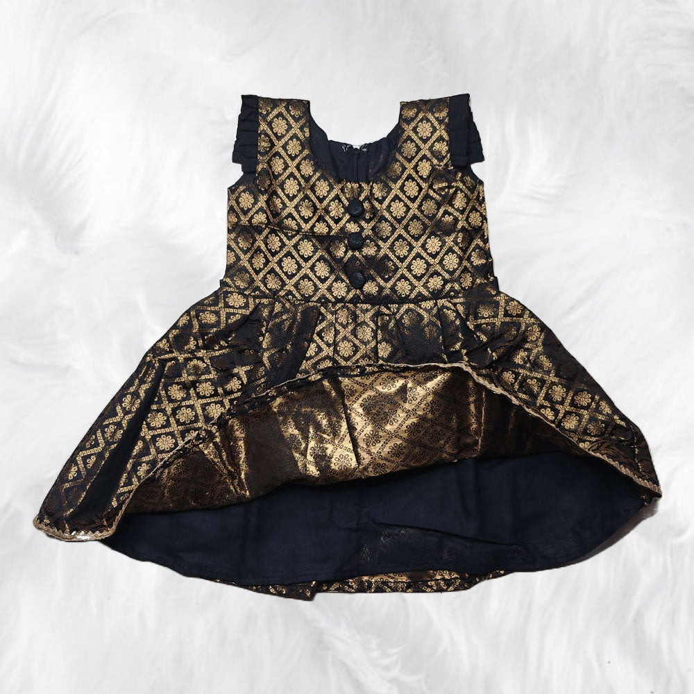 Stunning Black and Golden Fancy Brocade Sleeveless Frock for Little Girls