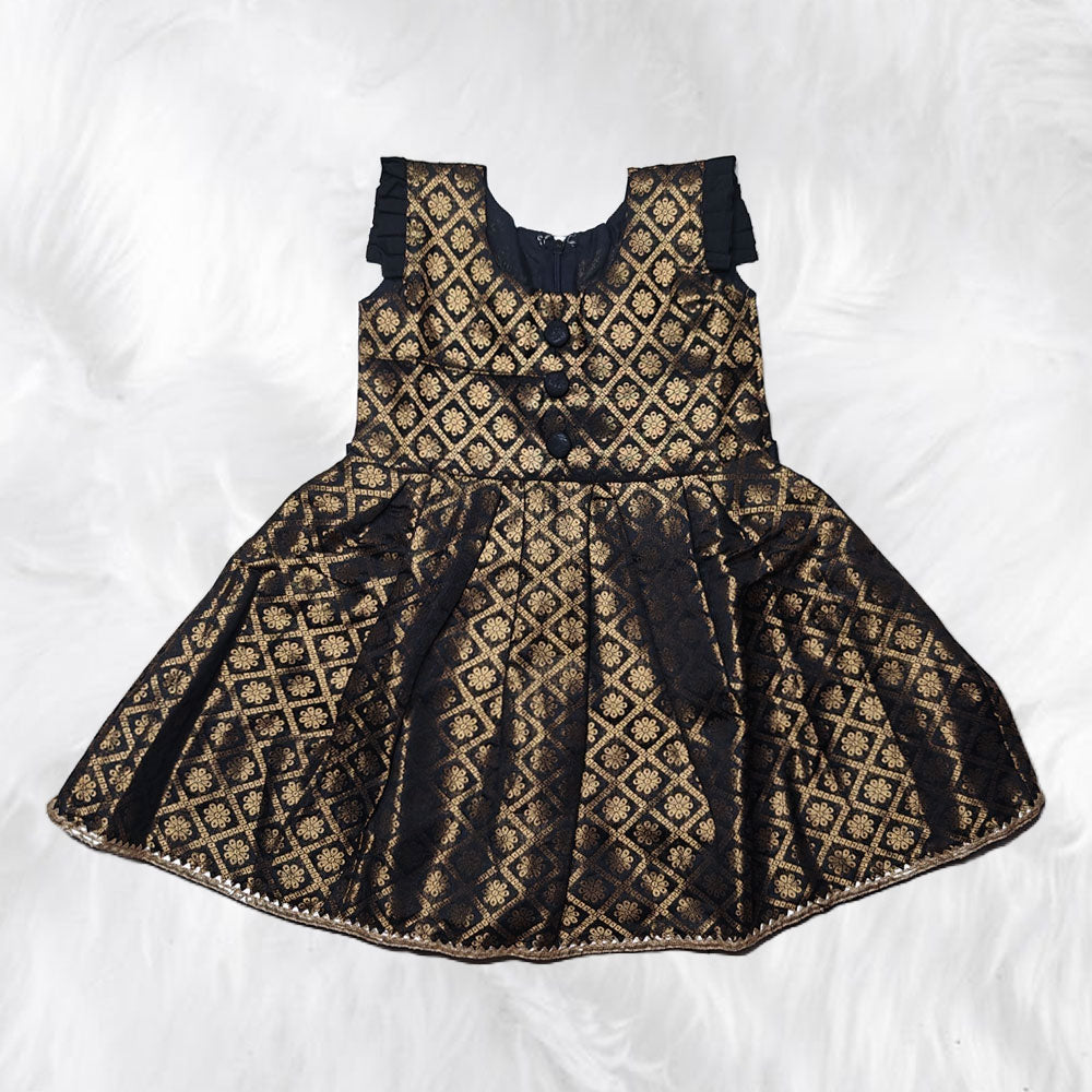 Stunning Black and Golden Fancy Brocade Sleeveless Frock for Little Girls