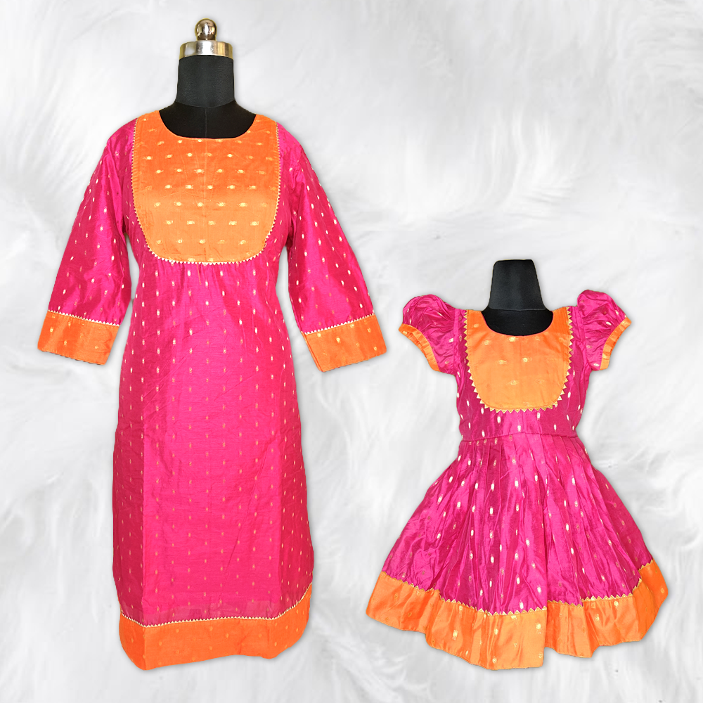 Festive Flair: Pink & Orange Mom-Daughter Combo for Special Moments
