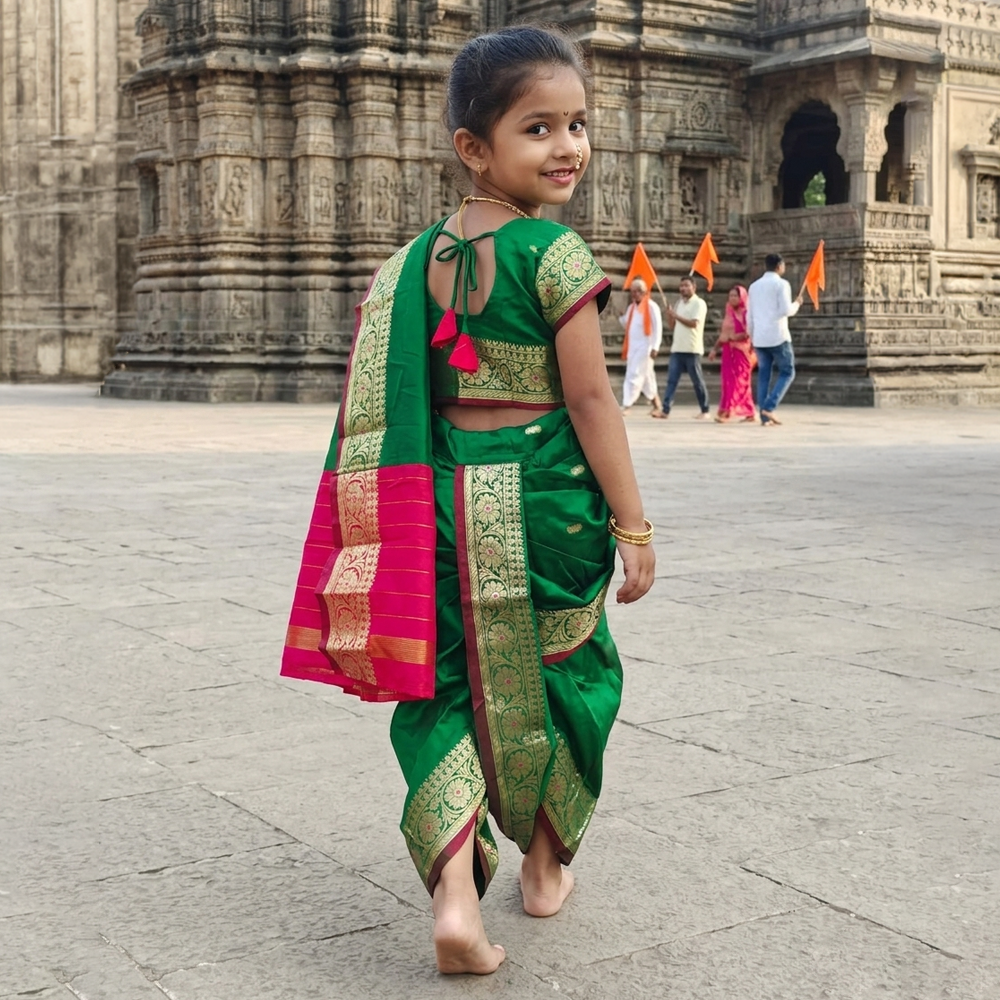 Baby girl wearing green Nauvari saree for Wari festival and Gudi Padwa