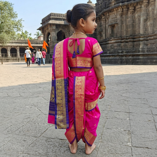 Baby girl wearing pink Nauvari saree for school traditional day