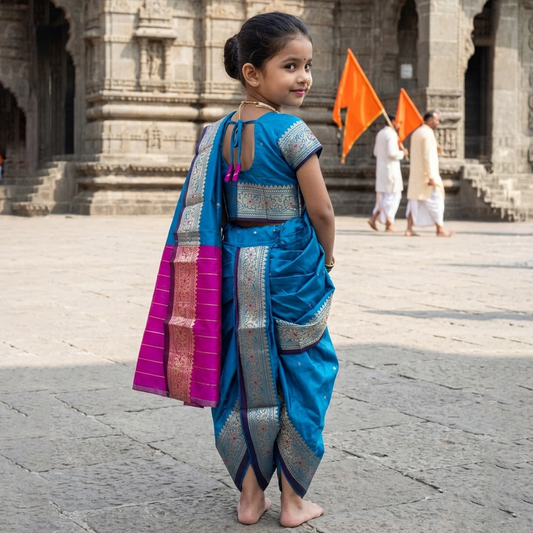 Baby girl wearing sky blue Nauvari saree for Ashadhi Ekadashi photoshoot