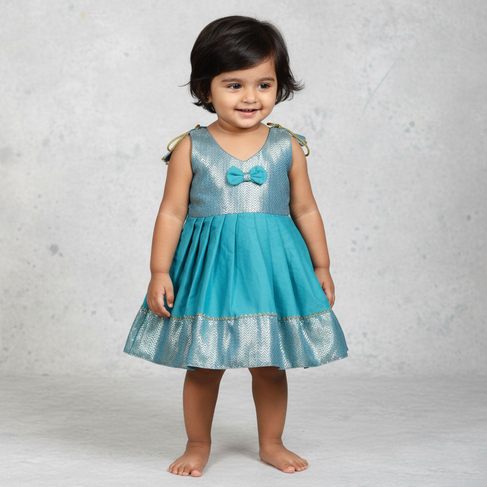 Charming Brocade Frock with Shoulder Knot for Little Girls