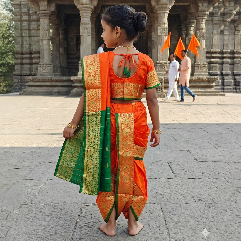 Girl wearing orange Nauvari saree for fancy dress competition