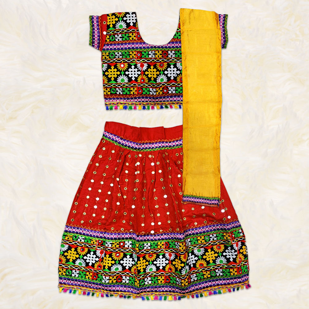 Red Radha Costume – Traditional Mirror Work Dress for Janmashtami