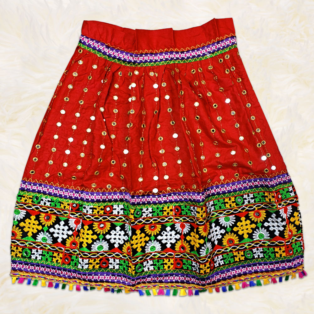 Red Radha Costume – Traditional Mirror Work Dress for Janmashtami