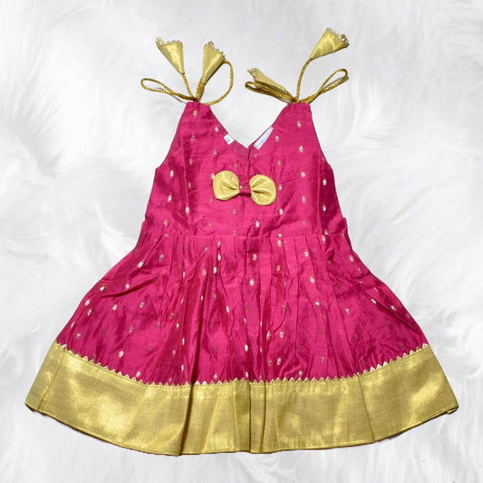 Adorable Chanderi Cotton Shoulder Knot Frock for Little Girls