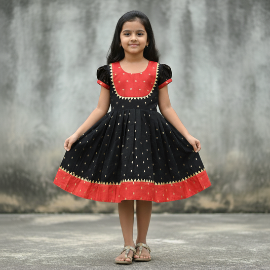 Scarlet Elegance: Chanderi Cotton Frock for Girls