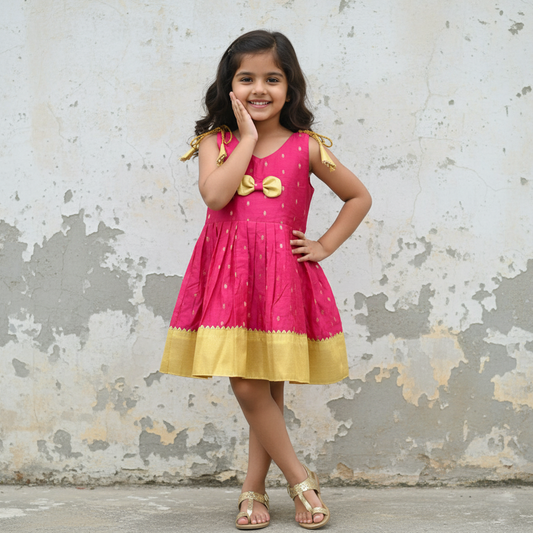 Adorable Chanderi Cotton Shoulder Knot Frock for Little Girls