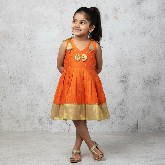 Vibrant Chanderi Cotton Shoulder Knot Frock for Kids
