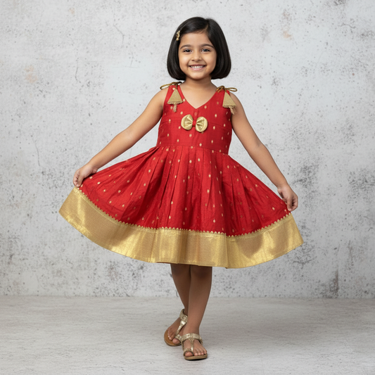 Elegant Chanderi Cotton Shoulder Knot Frock for Toddlers