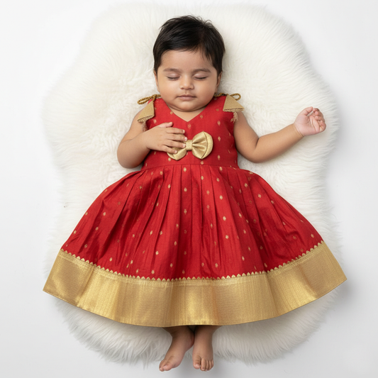 Pure Chanderi cotton newborn frock with traditional border